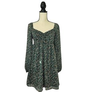 Altar'd State Dress Green Tan Floral Print Sheer Long Sleeve Sweetheart Size S